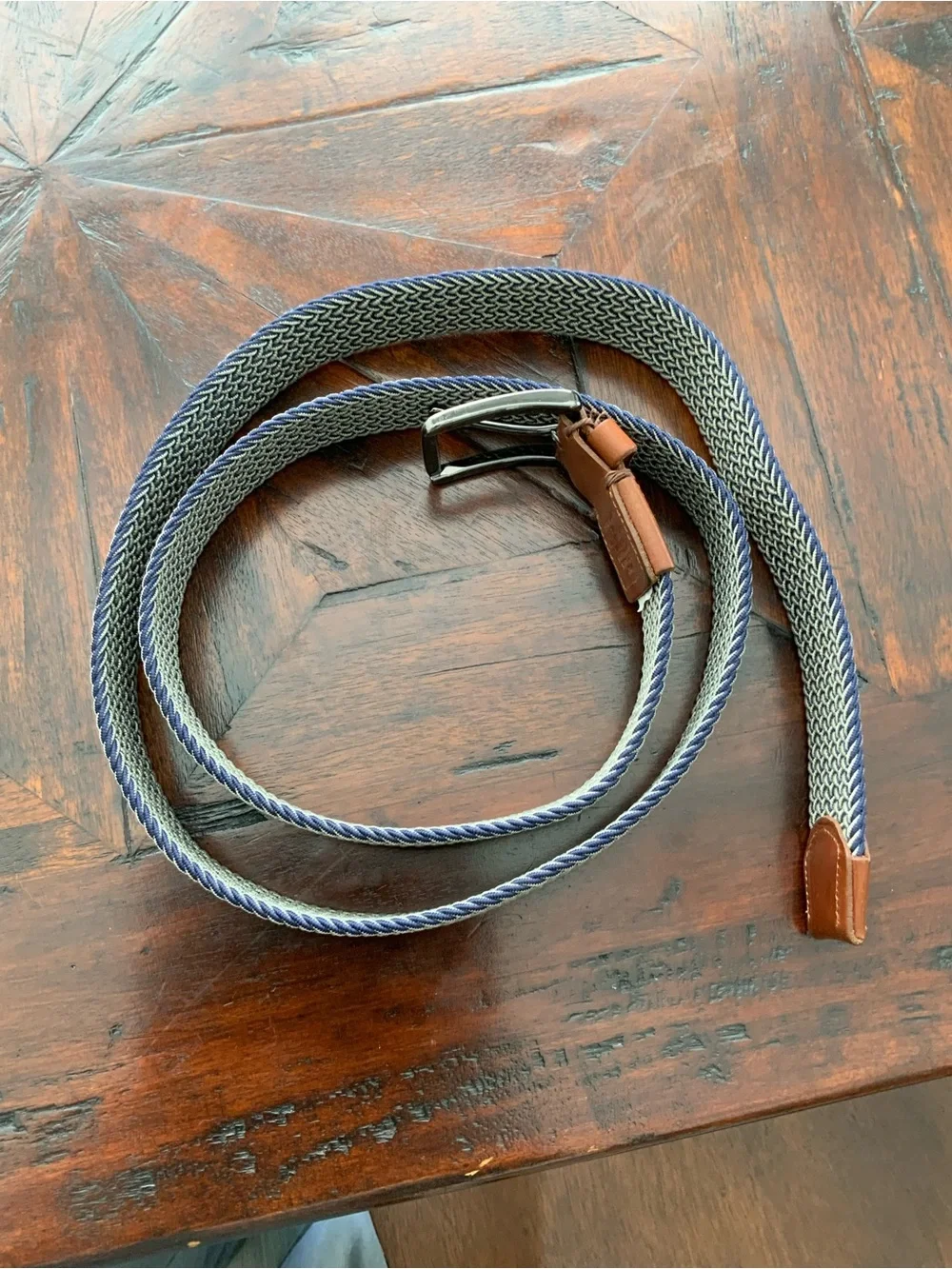 Tommy Bahama Woven Navy and White Belt with Brown Leather Trim